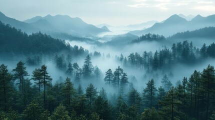 Naklejka premium Misty mountain valley with dense forest