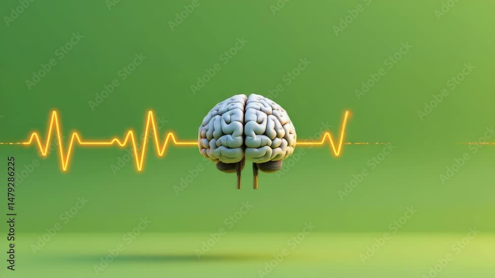 Poster a human brain floats in front of a green background, with a yellow electrocardiogram pulse line runn