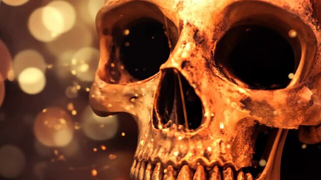 Detailed close-up of a human skull with intricate textures, illuminated by soft bokeh lights, creating a mysterious and artistic atmosphere for creative projects. Generative 4k video