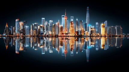 Fototapeta premium Stunning nightscape of shanghai skyline urban city photography reflective waters aerial view modern architecture