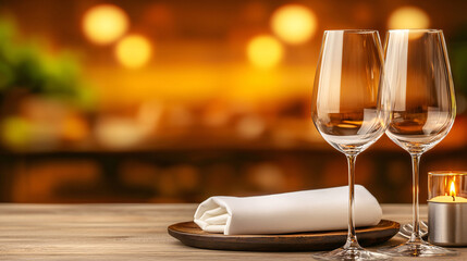 Two elegant wine glasses are set on a wooden table with a napkin for a romantic dinner date.