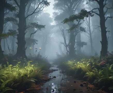 Alien holographic woodland, glowing vegetation, thick fog , vegetation, unearthly