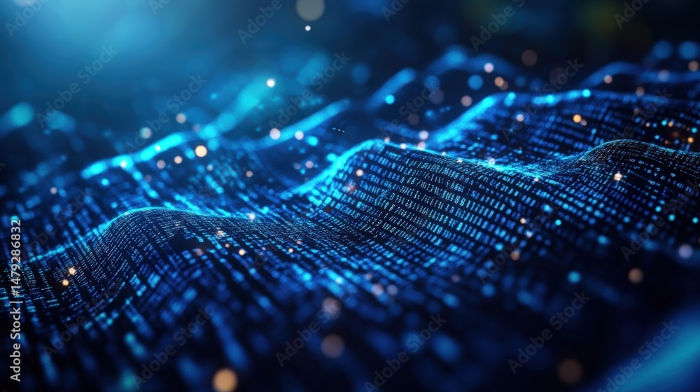 Poster abstract digital data network visualization with glowing blue lines and point connections representi