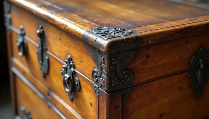 Close-up of a pristine, untouched antique wooden chest Shows the original, unblemished wood grain and patina , rustic, heirloom chest