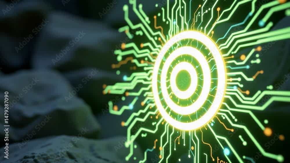 Poster a glowing digital target surrounded by circuit-like lines, symbolizing technology and precision.