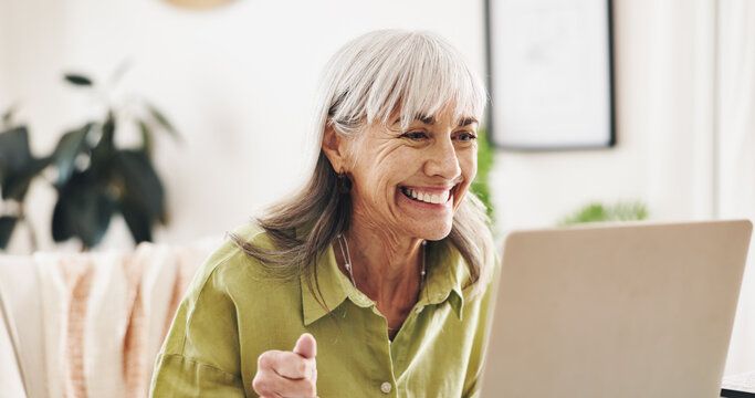 Excited, reading and laptop with old woman at home for retirement fund savings, pensioner asset and budget. Tax return, planning and loan approval with senior person in apartment for online finance