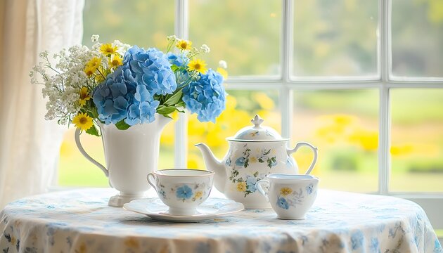 A charming floral arrangement near a window with tea set.