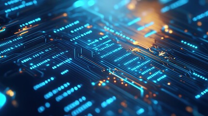 Obraz premium Close-up of a futuristic digital circuit board with glowing blue and orange electronic pathways and microchips, representing technology, innovation, and digital infrastructure