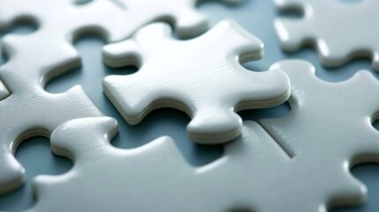 Close Up of White Puzzle Pieces on Light Blue Surface Representing Problem Solving Strategy and Interconnectedness in a Simple Plain Design with Abstract Conceptual Theme