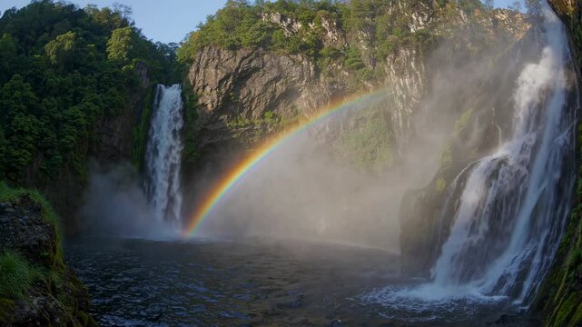 Beautiful rainbow forming over petrohu&eacute; waterfalls in vicente p&eacute;rez rosales national park, chile