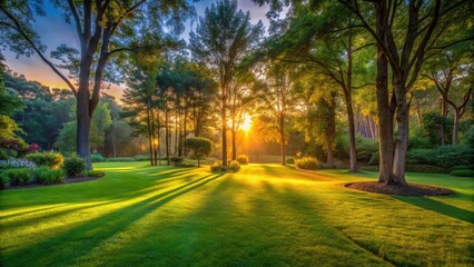 Obraz premium Mysterious lawn with soft light filtering through trees, peacefulness, evening, peacefulness, evening, serene