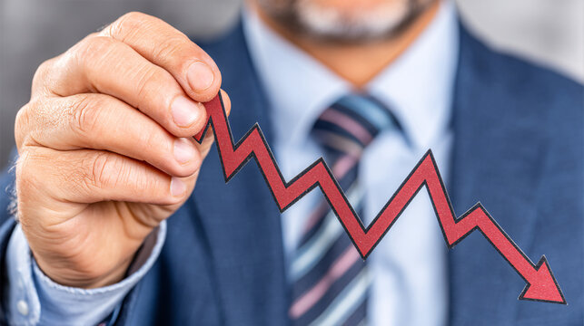 An executive shows red downturn graph representing economic recession and financial market crash.