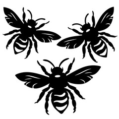 Three detailed black honey bee illustrations, stencil, vector, and design elements