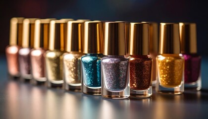 Glitter Nail Polish Bottles Arranged in Color Order on Reflective Blue Surface