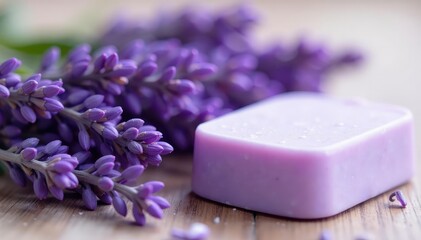 Close-up of lavender flowers and a bar of soap Fragrant, relaxing, spa-like scene , aromatic, handcrafted