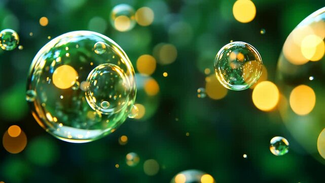 Shimmering, translucent spheres float against a blurred, green-gold backdrop