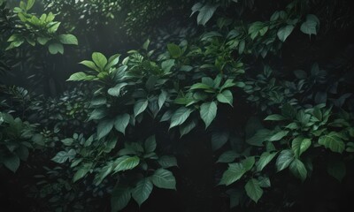 Mysterious, lush, black & various shades of green leaves, shadowy backdrop , intense, elegant