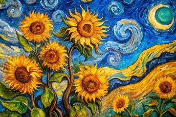 Painting of sunflowers and a blue sky. Graphic, vector, illustration, art, design, clipart, cartoon, watercolor, mockup, abstract, digital, stock, images, AI