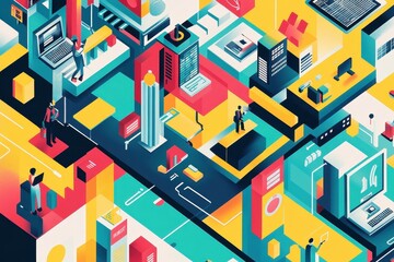 A vibrant isometric depiction of a bustling tech hub