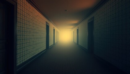 A dimly lit hallway stretching into ethereal light, evoking intrigue and mystery