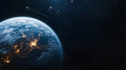 Dramatic Earth view from space with city lights glowing and constellations in the starry sky.