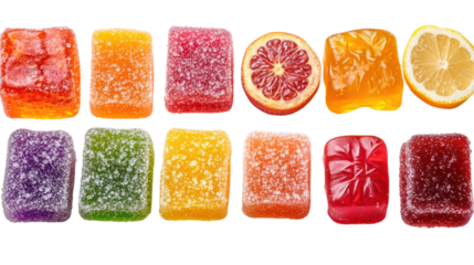 Collection set of sugar-coated gummy candies isolated on transparent background, high-resolution colorful chewy sweets with sparkling sugar crystals, vibrant candy assortment for digital design and pa