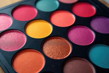 Close-up vibrant eyeshadow palette, diverse textures , shimmer, tools