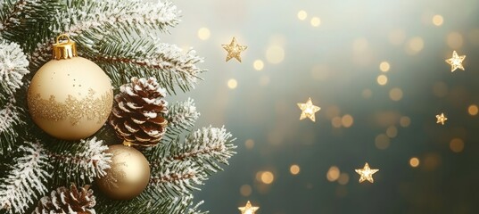 Beige Christmas Background With Ornaments, Pine Branch, Stars. Xmas Wreath With Copy Space