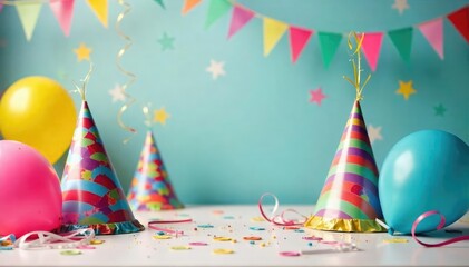 Obraz premium Colorful balloons, streamers, and party hats scattered on a table at a children's birthday celebration , festive, playful, fun