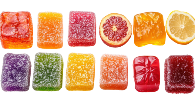 Collection set of sugar-coated gummy candies isolated on transparent background, high-resolution colorful chewy sweets with sparkling sugar crystals, vibrant candy assortment for digital design and pa