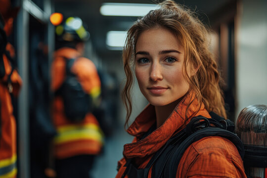 Woman standing by firetruck in fire station.