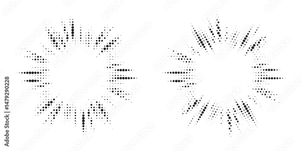 Aufkleber Halftone Background. Glowing light Halftone effect. Abstract grunge Starburst halftone dots background set. Star Flare, Shine light halftone texture. Retro background, pop art style.	