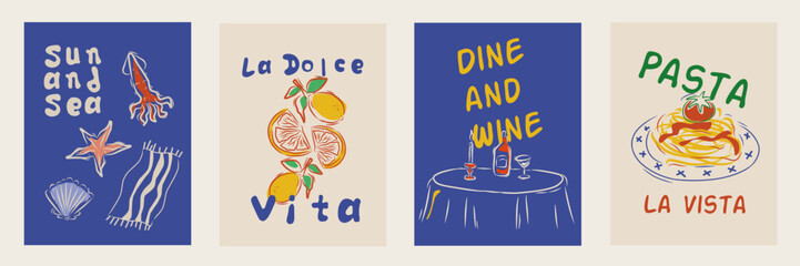 Hand drawn la dolce vita doodles. Wall art with wine, lemon, seafood, pasta. Minimalist line art. Set of mediterranean concept vector illustration for invitations, printables, social media, poster.