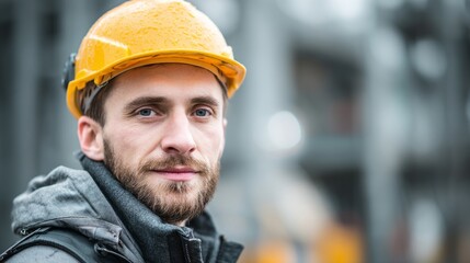 A determined construction worker in safety helmet, embodying resilience and focus in industrial labor.
