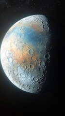 Naklejka premium Detailed Moon Surface with Craters and Blue Orange Spectral Hues in Dark Space Celestial Body Showing Detailed Craters with Lunar Geological Texture in Outer Space