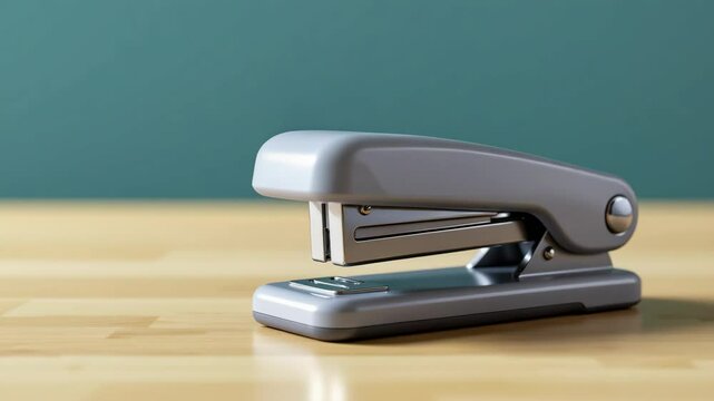 A silver stapler sits on a wooden desk with a blue wall in the background.