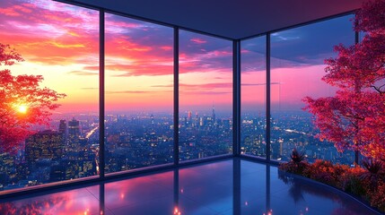 Panoramic city view from modern corner room at sunset