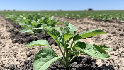 Young tobacco plants in a field.  Healthy growth in rows