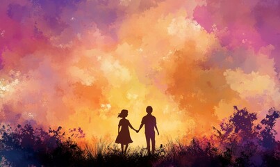 Fototapeta premium Silhouette of Children Holding Hands Against Colorful Sunset Background