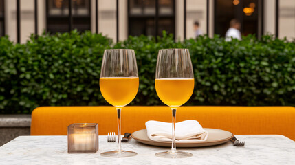 Two glasses of white wine sit elegantly on a marble table at an upscale outdoor restaurant.