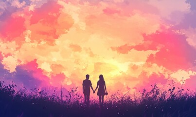 Fototapeta premium Romantic Silhouette of Couple Holding Hands Against Colorful Sunset