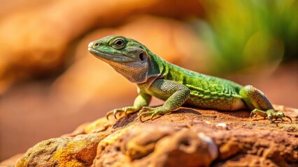 Fototapeta premium A small green lizard lies on a large, brown rock in the desert landscape, with its scaly body and tiny legs exposed , reptile