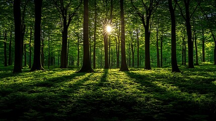 Sunlight filters through lush forest canopy
