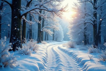 Enchanted winter forest scene with glistening snow on trees and a whimsical, frosted path , january, natural