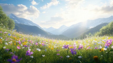 Obraz premium Breathtaking Mountain Landscape with Colorful Wildflowers Under Sunlight