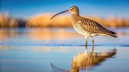 Obraz premium Curlew in the sea with reflection, natural scene, long bill, natural scene, long bill