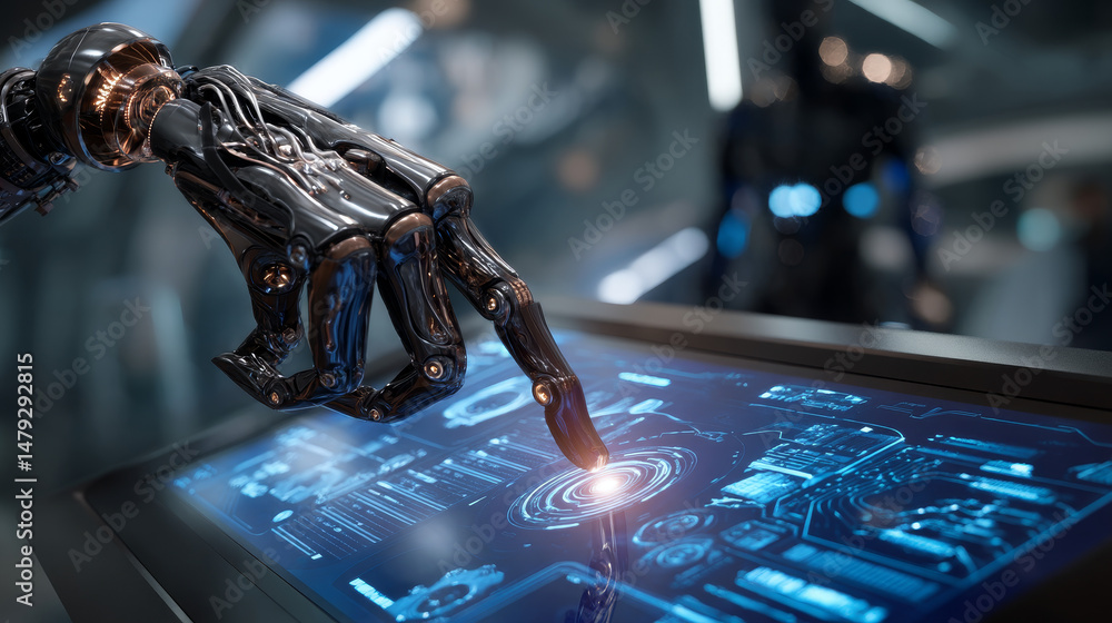 Poster the robot mechanical arm or hand presses the index finger on the button a virtual holographic interf