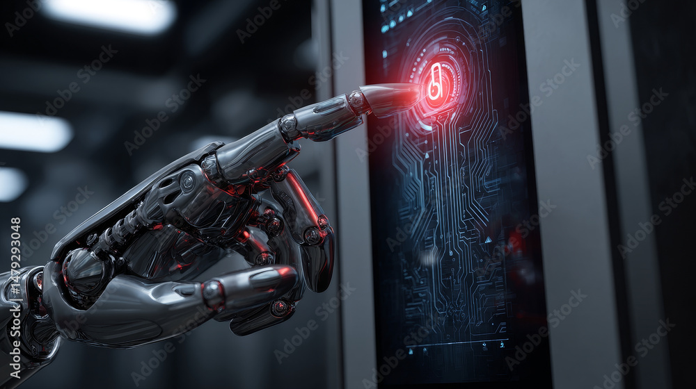 Poster the robot mechanical arm or hand presses the index finger on the button a virtual holographic interf