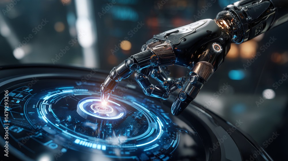 Poster the robot mechanical arm or hand presses the index finger on the button a virtual holographic interf