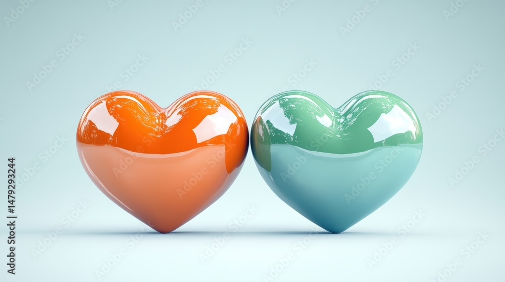 Aufkleber two glossy heart-shaped objects one orange and one green on a light background with reflections and 